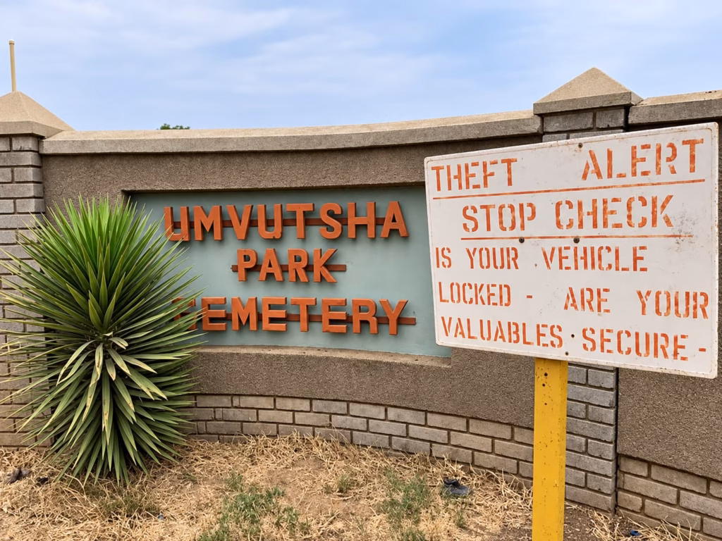 Entrance sign for Umvutsha Park Cemetery in Bulawayo, Zimbabwe, set into a brick wall beside a theft alert notice and a large green yucca plant.