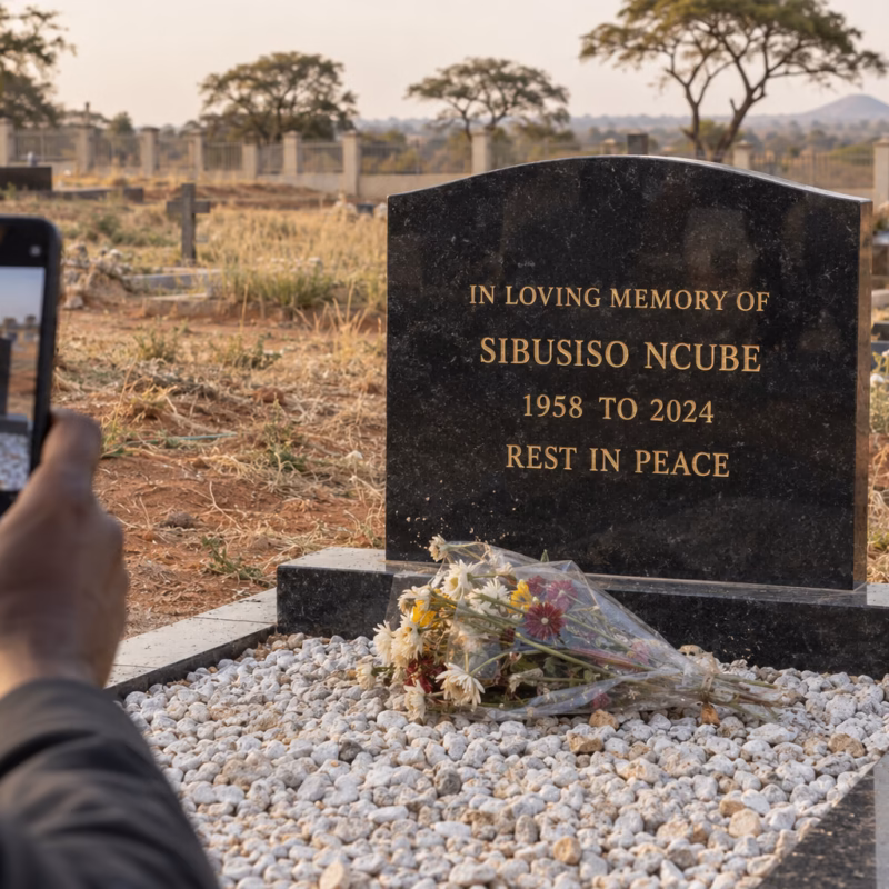 Black granite headstone engraved with a name and dates, with fresh flowers at its base, in a Bulawayo cemetery in Zimbabwe