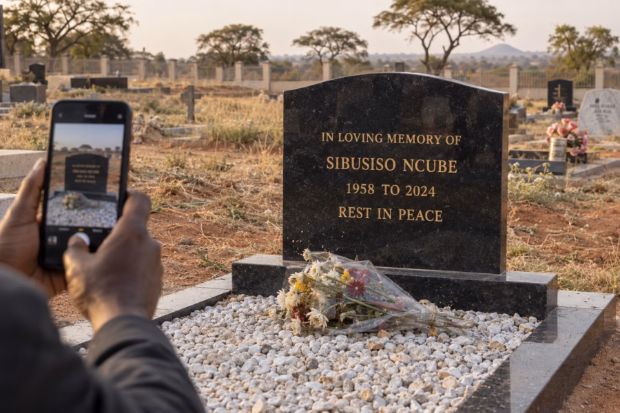 Black granite headstone engraved with a name and dates, with fresh flowers at its base, in a Bulawayo cemetery in Zimbabwe